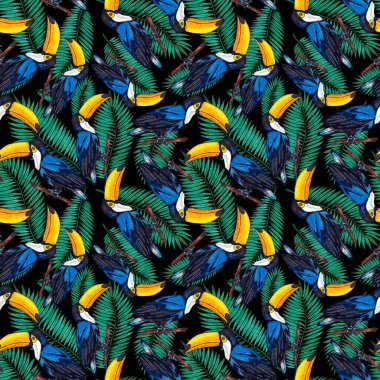 Tukanla dikişsiz suluboya desen. Tropik kuşlu ve yapraklı egzotik botanik orman duvar kağıdı. Parlak yaz şablonu geçmişi.