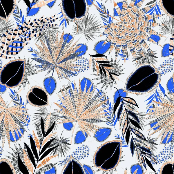 Yaratıcı renkli tropikal yaprakları olan modern, soyut, pürüzsüz desen. Geçmişe dönük parlak yaz geçmişi. Orman yaprakları çizimi. Mayo botanik tasarımı. Antika egzotik baskı.