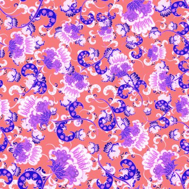 Suluboya desensiz, folky çiçekli ve yapraklı, etnik tarzda. Çiçek süsleme. Geleneksel şal deseni. Tekstil tasarım dokusu. Kabilesel etnik klasik dikişsiz model..