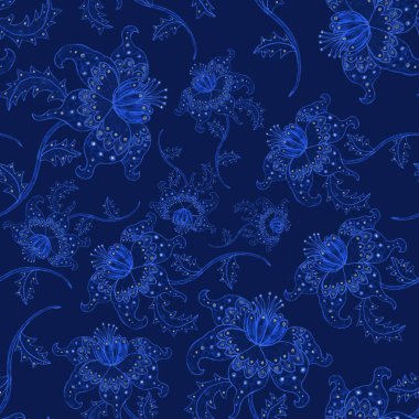 Suluboya desensiz, folky çiçekli ve yapraklı, etnik tarzda. Çiçek süsleme. Geleneksel şal deseni. Tekstil tasarım dokusu. Kabilesel etnik klasik dikişsiz model..