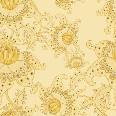 Suluboya desensiz, folky çiçekli ve yapraklı, etnik tarzda. Çiçek süsleme. Geleneksel şal deseni. Tekstil tasarım dokusu. Kabilesel etnik klasik dikişsiz model..