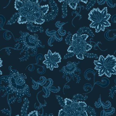 Suluboya desensiz, folky çiçekli ve yapraklı, etnik tarzda. Çiçek süsleme. Geleneksel şal deseni. Tekstil tasarım dokusu. Kabilesel etnik klasik dikişsiz model..