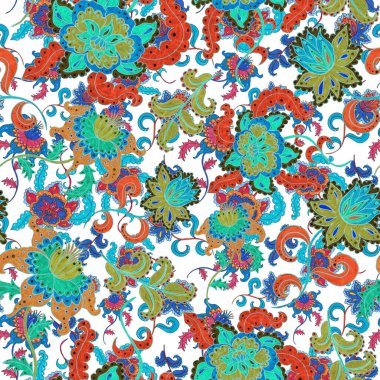 Suluboya desensiz, folky çiçekli ve yapraklı, etnik tarzda. Çiçek süsleme. Geleneksel şal deseni. Tekstil tasarım dokusu. Kabilesel etnik klasik dikişsiz model..