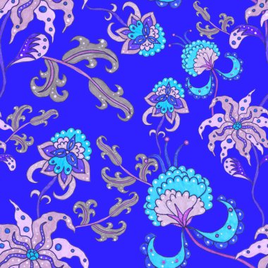 Suluboya desensiz, folky çiçekli ve yapraklı, etnik tarzda. Çiçek süsleme. Geleneksel şal deseni. Tekstil tasarım dokusu. Kabilesel etnik klasik dikişsiz model..