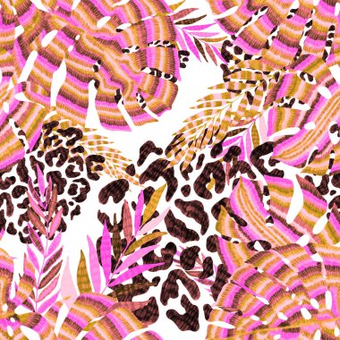 Yaratıcı renkli tropikal yaprakları ve leopar benekleri olan modern soyut ve pürüzsüz desen. Geçmişe dönük parlak yaz geçmişi. Orman yaprakları çizimi. Mayo botanik tasarımı. Antika egzotik baskı.
