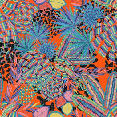 Yaratıcı renkli tropikal yaprakları ve leopar benekleri olan modern soyut ve pürüzsüz desen. Geçmişe dönük parlak yaz geçmişi. Orman yaprakları çizimi. Mayo botanik tasarımı. Antika egzotik baskı.