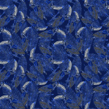 Tukanla dikişsiz suluboya desen. Tropik kuşlu ve yapraklı egzotik botanik orman duvar kağıdı. Parlak yaz şablonu geçmişi.