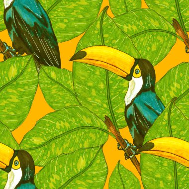 Tukanla dikişsiz suluboya desen. Tropik kuşlu ve yapraklı egzotik botanik orman duvar kağıdı. Parlak yaz şablonu geçmişi.