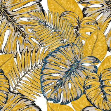 Tropikal yapraklarla suluboya kusursuz desen. Elle çizilmiş egzotik bitkilerle çok güzel bir iz. Mayo botanik tasarımı.