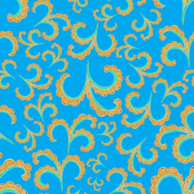 Suluboya desensiz, folky çiçekli ve yapraklı, etnik tarzda. Çiçek süsleme. Geleneksel şal deseni. Tekstil tasarım dokusu. Kabilesel etnik klasik dikişsiz model..