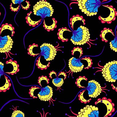 Suluboya desensiz, folky çiçekli ve yapraklı, etnik tarzda. Çiçek süsleme. Geleneksel şal deseni. Tekstil tasarım dokusu. Kabilesel etnik klasik dikişsiz model..