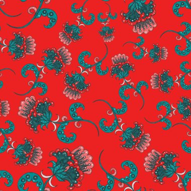 Suluboya desensiz, folky çiçekli ve yapraklı, etnik tarzda. Çiçek süsleme. Geleneksel şal deseni. Tekstil tasarım dokusu. Kabilesel etnik klasik dikişsiz model..