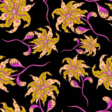 Suluboya desensiz, folky çiçekli ve yapraklı, etnik tarzda. Çiçek süsleme. Geleneksel şal deseni. Tekstil tasarım dokusu. Kabilesel etnik klasik dikişsiz model..