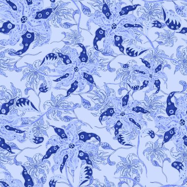 Suluboya desensiz, folky çiçekli ve yapraklı, etnik tarzda. Çiçek süsleme. Geleneksel şal deseni. Tekstil tasarım dokusu. Kabilesel etnik klasik dikişsiz model..