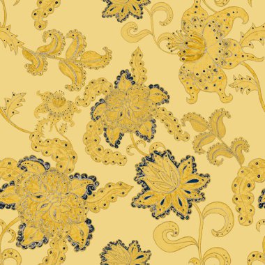 Suluboya desensiz, folky çiçekli ve yapraklı, etnik tarzda. Çiçek süsleme. Geleneksel şal deseni. Tekstil tasarım dokusu. Kabilesel etnik klasik dikişsiz model..