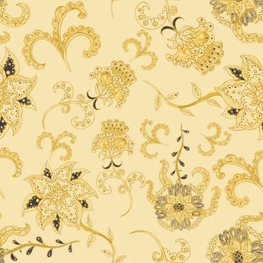 Suluboya desensiz, folky çiçekli ve yapraklı, etnik tarzda. Çiçek süsleme. Geleneksel şal deseni. Tekstil tasarım dokusu. Kabilesel etnik klasik dikişsiz model..