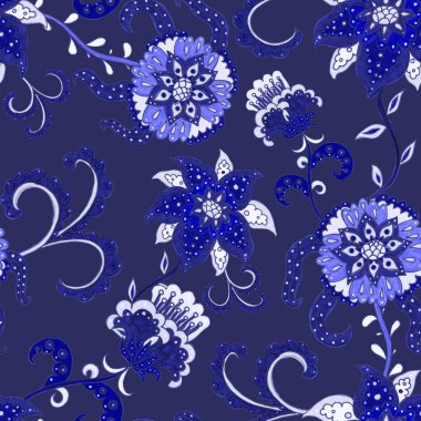 Suluboya desensiz, folky çiçekli ve yapraklı, etnik tarzda. Çiçek süsleme. Geleneksel şal deseni. Tekstil tasarım dokusu. Kabilesel etnik klasik dikişsiz model..