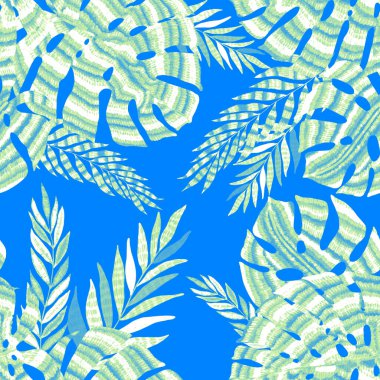 Yaratıcı renkli tropikal yaprakları olan modern, soyut, pürüzsüz desen. Geçmişe dönük parlak yaz geçmişi. Orman yaprakları çizimi. Mayo botanik tasarımı. Antika egzotik baskı.