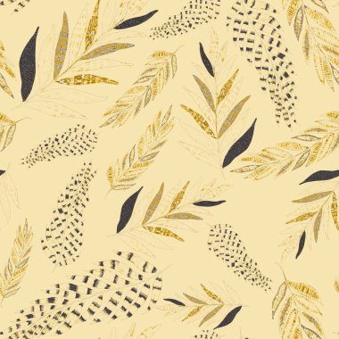 Yaratıcı renkli tropikal yaprakları olan modern, soyut, pürüzsüz desen. Geçmişe dönük parlak yaz geçmişi. Orman yaprakları çizimi. Mayo botanik tasarımı. Antika egzotik baskı.