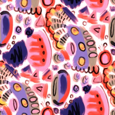 Suluboya, soyut, kusursuz desen. Parlak el yapımı elementlerle yaratıcı doku. Soyut renkli yazdırma.