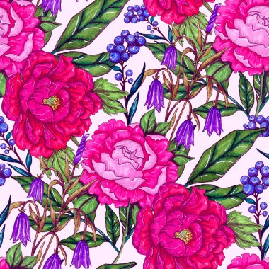 Çiçek buketli suluboya desenli. Klasik botanik çizimi. Her türlü tasarım için zarif bir dekorasyon. Renkli ve soyut çiçekli moda baskısı. Suluboya dokusu.