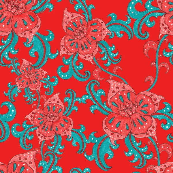 Suluboya desensiz, folky çiçekli ve yapraklı, etnik tarzda. Çiçek süsleme. Geleneksel şal deseni. Tekstil tasarım dokusu. Kabilesel etnik klasik dikişsiz model..