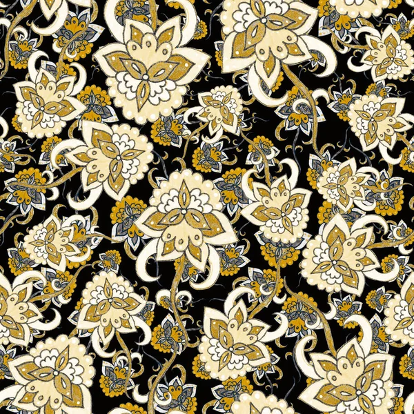 Akvarell Zökkenőmentes Minta Folky Virágok Levelek Etnikai Stílusban Virágdíszítés Hagyományos — Stock Fotó