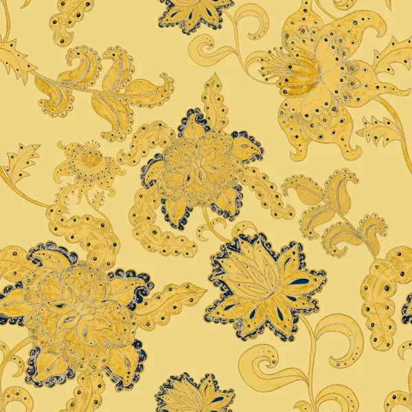 Suluboya desensiz, folky çiçekli ve yapraklı, etnik tarzda. Çiçek süsleme. Geleneksel şal deseni. Tekstil tasarım dokusu. Kabilesel etnik klasik dikişsiz model..