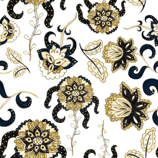 Suluboya desensiz, folky çiçekli ve yapraklı, etnik tarzda. Çiçek süsleme. Geleneksel şal deseni. Tekstil tasarım dokusu. Kabilesel etnik klasik dikişsiz model..