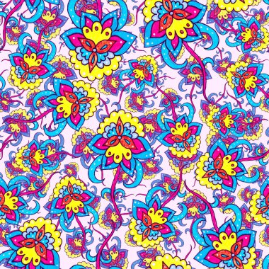 Suluboya desensiz, folky çiçekli ve yapraklı, etnik tarzda. Çiçek süsleme. Geleneksel şal deseni. Tekstil tasarım dokusu. Kabilesel etnik klasik dikişsiz model..