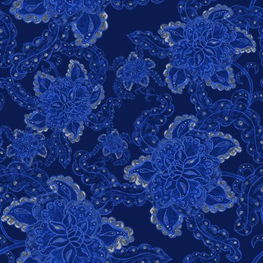 Suluboya desensiz, folky çiçekli ve yapraklı, etnik tarzda. Çiçek süsleme. Geleneksel şal deseni. Tekstil tasarım dokusu. Kabilesel etnik klasik dikişsiz model..