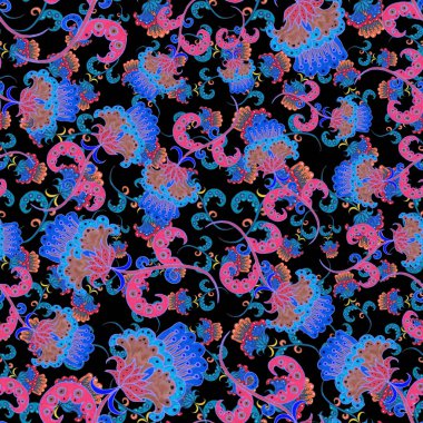 Suluboya desensiz, folky çiçekli ve yapraklı, etnik tarzda. Çiçek süsleme. Geleneksel şal deseni. Tekstil tasarım dokusu. Kabilesel etnik klasik dikişsiz model..