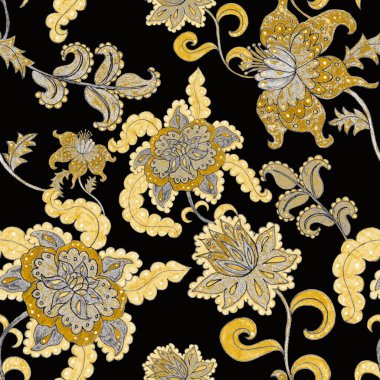 Suluboya desensiz, folky çiçekli ve yapraklı, etnik tarzda. Çiçek süsleme. Geleneksel şal deseni. Tekstil tasarım dokusu. Kabilesel etnik klasik dikişsiz model..