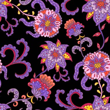 Suluboya desensiz, folky çiçekli ve yapraklı, etnik tarzda. Çiçek süsleme. Geleneksel şal deseni. Tekstil tasarım dokusu. Kabilesel etnik klasik dikişsiz model..