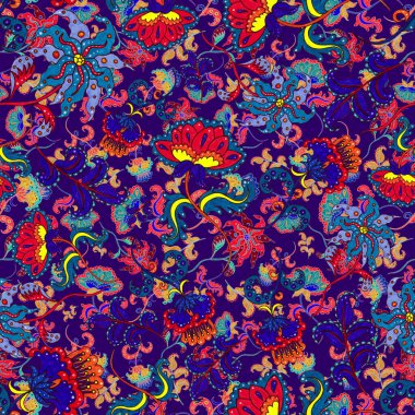 Suluboya desensiz, folky çiçekli ve yapraklı, etnik tarzda. Çiçek süsleme. Geleneksel şal deseni. Tekstil tasarım dokusu. Kabilesel etnik klasik dikişsiz model..