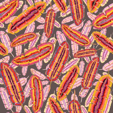 Yaratıcı renkli tropikal yaprakları olan modern, soyut, pürüzsüz desen. Geçmişe dönük parlak yaz geçmişi. Orman yaprakları çizimi. Mayo botanik tasarımı. Antika egzotik baskı.