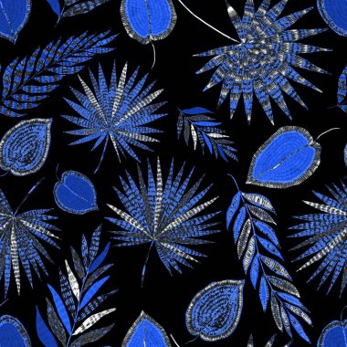 Yaratıcı renkli tropikal yaprakları olan modern, soyut, pürüzsüz desen. Geçmişe dönük parlak yaz geçmişi. Orman yaprakları çizimi. Mayo botanik tasarımı. Antika egzotik baskı.