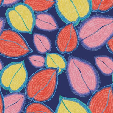 Yaratıcı renkli tropikal yaprakları olan modern, soyut, pürüzsüz desen. Geçmişe dönük parlak yaz geçmişi. Orman yaprakları çizimi. Mayo botanik tasarımı. Antika egzotik baskı.