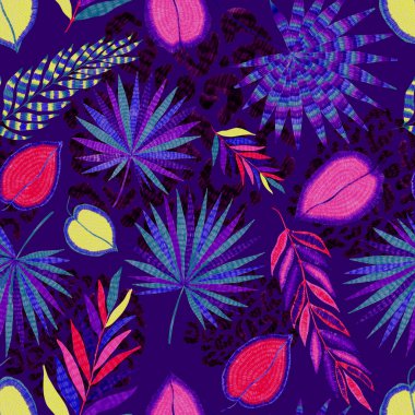 Yaratıcı renkli tropikal yaprakları ve leopar benekleri olan modern soyut ve pürüzsüz desen. Geçmişe dönük parlak yaz geçmişi. Orman yaprakları çizimi. Mayo botanik tasarımı. Antika egzotik baskı.