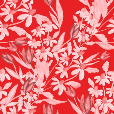 Bahar çiçekleriyle suluboya kusursuz desen. Klasik botanik çizimi. Her türlü tasarım için zarif bir dekorasyon. Renkli ve soyut çiçekli moda baskısı. Suluboya dokusu.