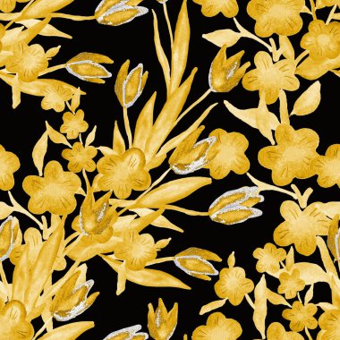 Bahar çiçekleriyle suluboya kusursuz desen. Klasik botanik çizimi. Her türlü tasarım için zarif bir dekorasyon. Renkli ve soyut çiçekli moda baskısı. Suluboya dokusu.