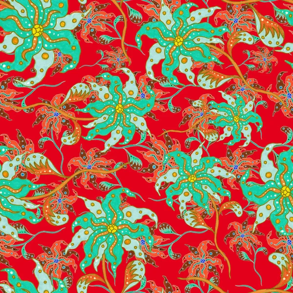 Suluboya desensiz, folky çiçekli ve yapraklı, etnik tarzda. Çiçek süsleme. Geleneksel şal deseni. Tekstil tasarım dokusu. Kabilesel etnik klasik dikişsiz model..