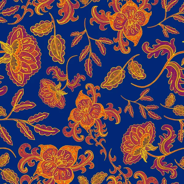 Suluboya desensiz, folky çiçekli ve yapraklı, etnik tarzda. Çiçek süsleme. Geleneksel şal deseni. Tekstil tasarım dokusu. Kabilesel etnik klasik dikişsiz model..