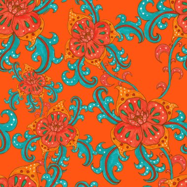 Suluboya desensiz, folky çiçekli ve yapraklı, etnik tarzda. Çiçek süsleme. Geleneksel şal deseni. Tekstil tasarım dokusu. Kabilesel etnik klasik dikişsiz model..