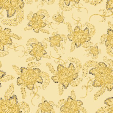 Suluboya desensiz, folky çiçekli ve yapraklı, etnik tarzda. Çiçek süsleme. Geleneksel şal deseni. Tekstil tasarım dokusu. Kabilesel etnik klasik dikişsiz model..