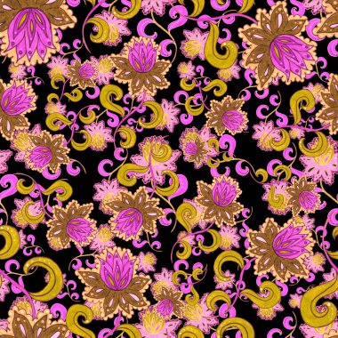 Suluboya desensiz, folky çiçekli ve yapraklı, etnik tarzda. Çiçek süsleme. Geleneksel şal deseni. Tekstil tasarım dokusu. Kabilesel etnik klasik dikişsiz model..