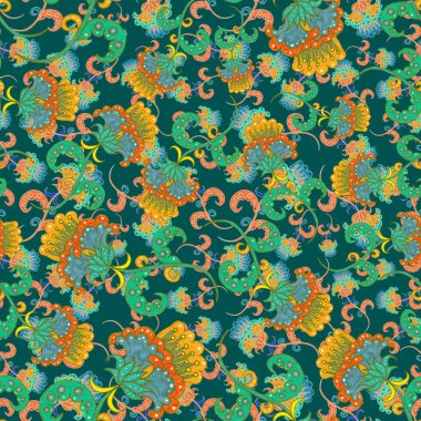 Suluboya desensiz, folky çiçekli ve yapraklı, etnik tarzda. Çiçek süsleme. Geleneksel şal deseni. Tekstil tasarım dokusu. Kabilesel etnik klasik dikişsiz model..