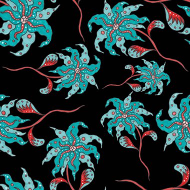 Suluboya desensiz, folky çiçekli ve yapraklı, etnik tarzda. Çiçek süsleme. Geleneksel şal deseni. Tekstil tasarım dokusu. Kabilesel etnik klasik dikişsiz model..