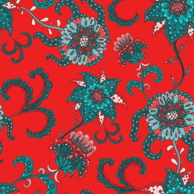 Suluboya desensiz, folky çiçekli ve yapraklı, etnik tarzda. Çiçek süsleme. Geleneksel şal deseni. Tekstil tasarım dokusu. Kabilesel etnik klasik dikişsiz model..