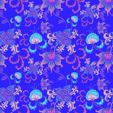 Suluboya desensiz, folky çiçekli ve yapraklı, etnik tarzda. Çiçek süsleme. Geleneksel şal deseni. Tekstil tasarım dokusu. Kabilesel etnik klasik dikişsiz model..